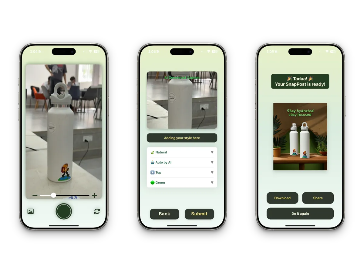 SnapPosts mobile app interface showing photo capture and poster creation features